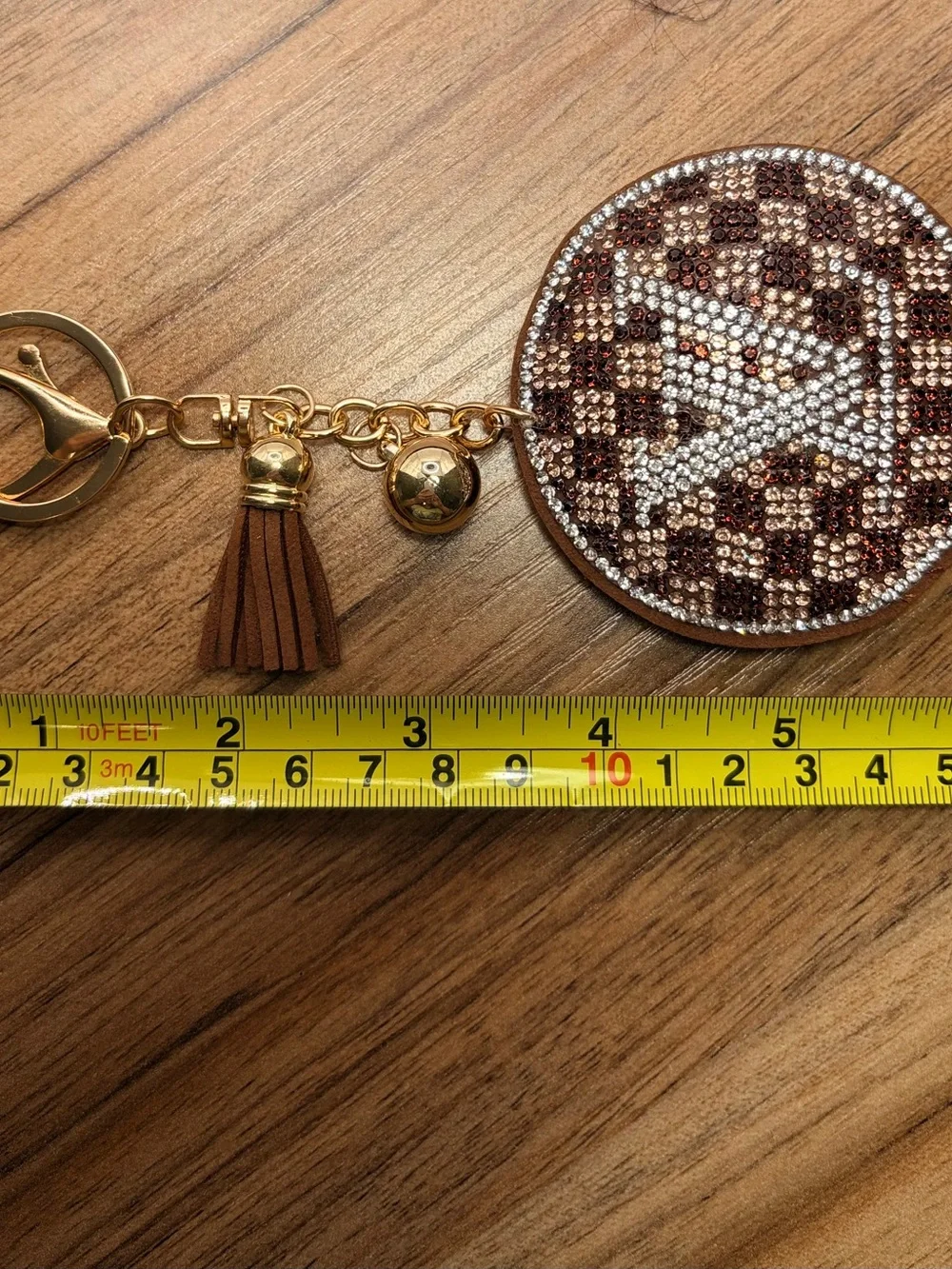 Crystal-Embellished Round Keychain Charm in Brown and Gold